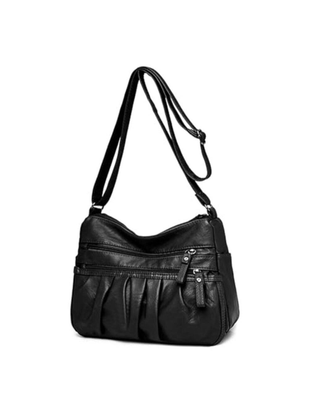 Leather Multi Zip Pocket Ruched Hobo Shoulder Bag Women Crossbody Tote